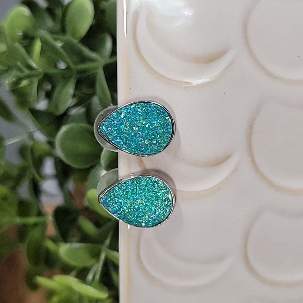 Aqua Druzy Teardrop Stud Earrings